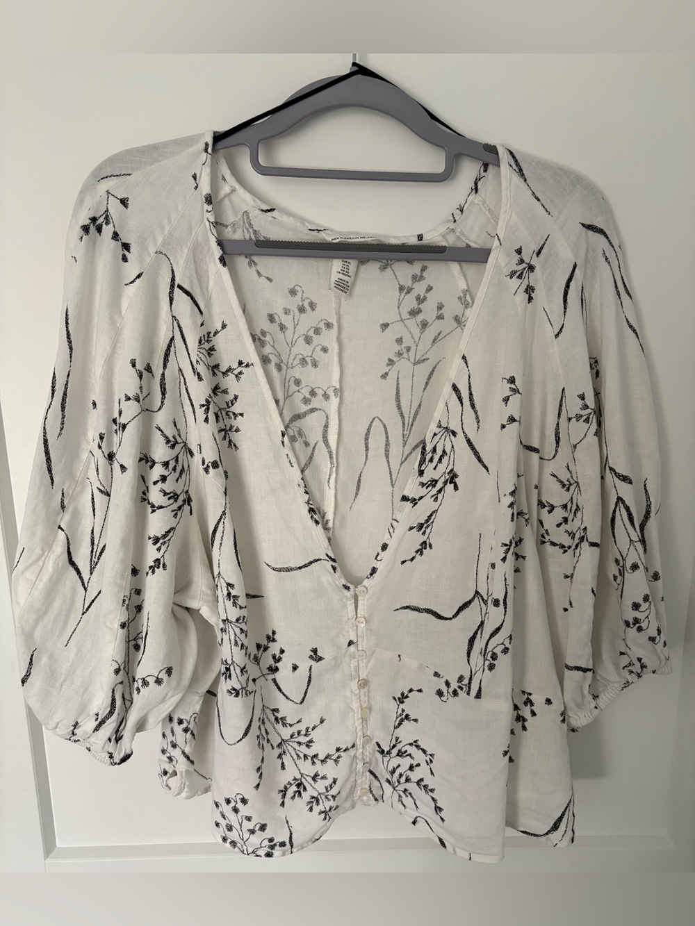 H&M White & Black Linen-Blend Botanical Puff Sleeve Blouse • XL